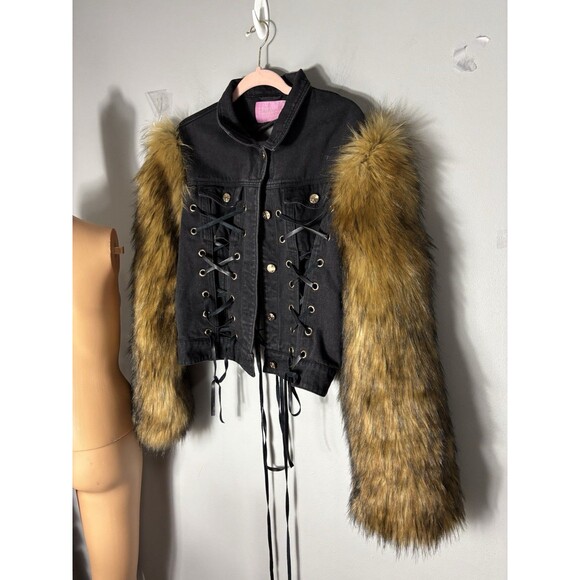 Azalea Wang "Midnight" Denim laced jacket with faux fur sleeves XL - Picture 1 of 16